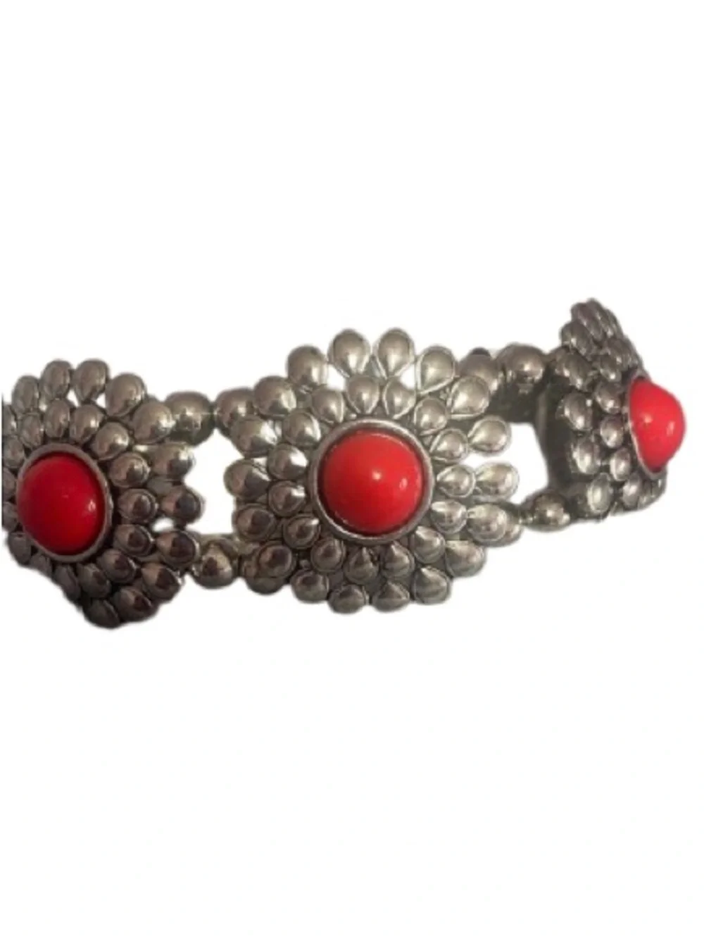 Silver and Red Floral Stretch Bracelet